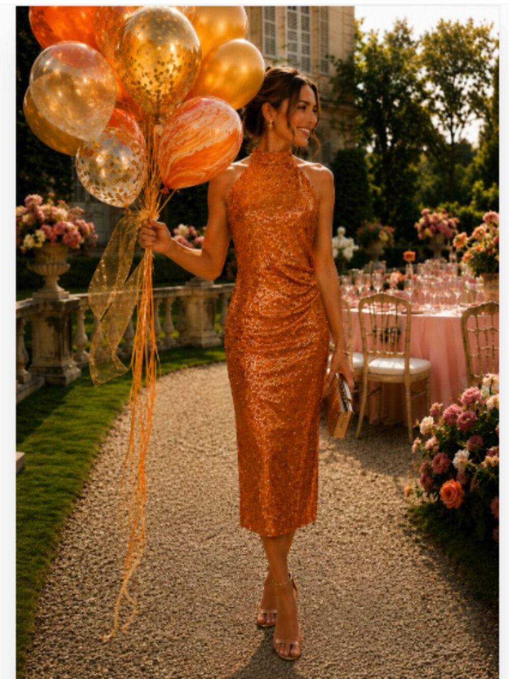 new Caroline Constas  statement Orange High Neck  Sequin midi Dress 0526-11